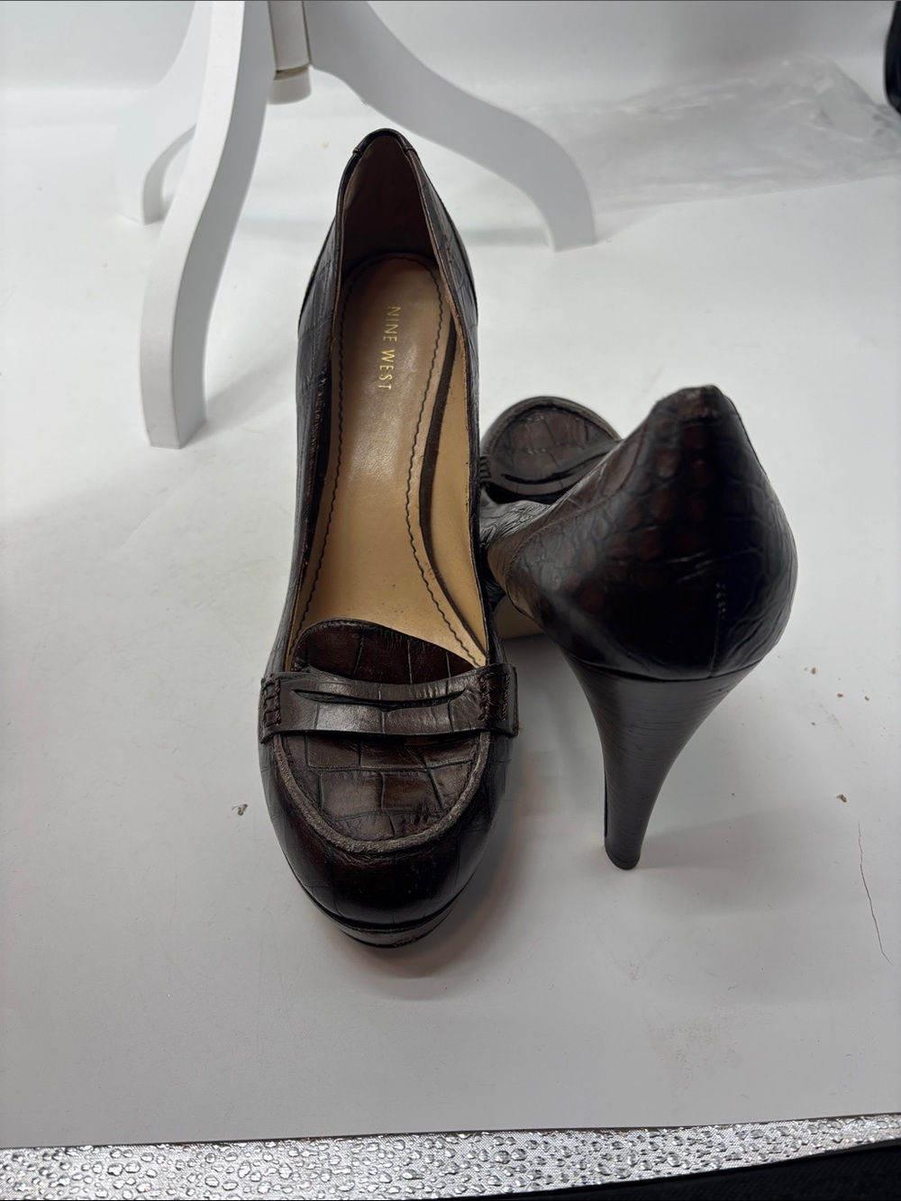 Nine West Dark Brown Croc-Embossed Leather High Heel Pumps